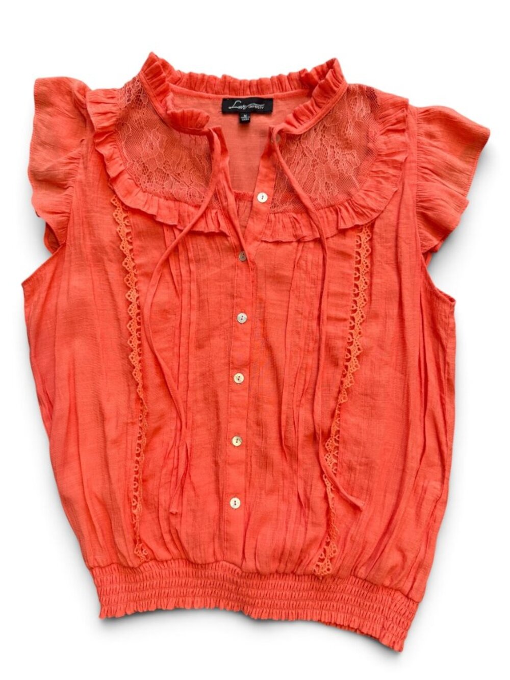 Love University Coral/Orange Lace Ruffle Boho Blouse Top Size Medium